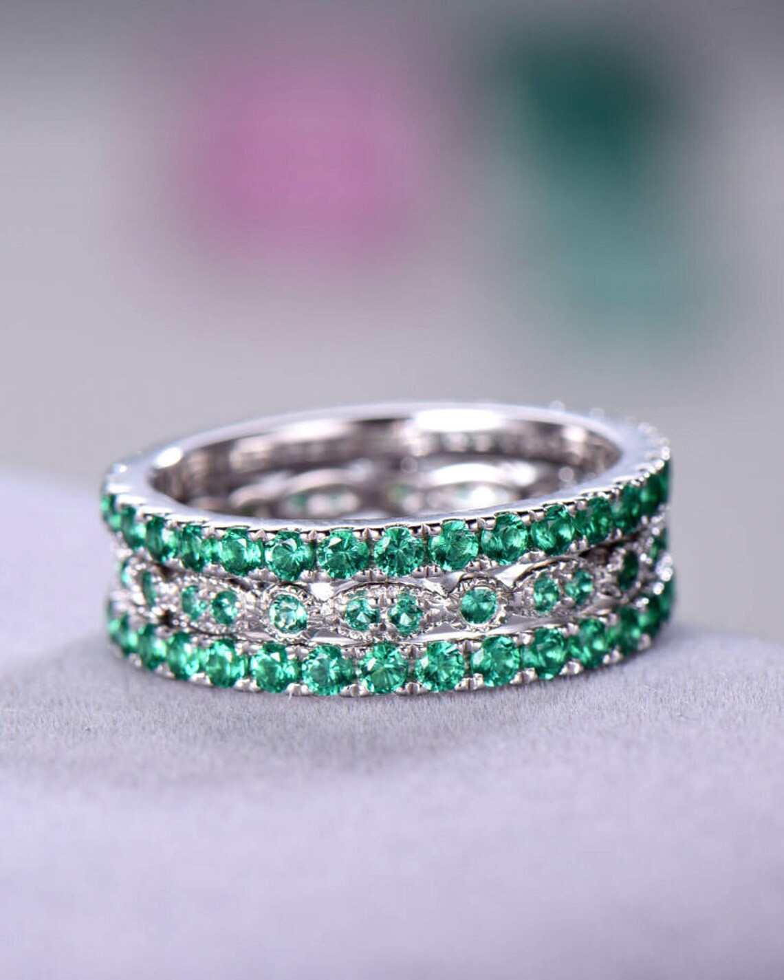 Green CZ Wedding Ring Set 925 Sterling Silver 14k White Gold | Etsy