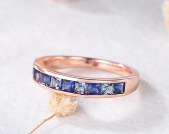 Princess Cut Alexandrite Sapphire Wedding Band 14k Rose Gold Half Eternity June and September Birthstone Minimalist Stackable Ring for Her