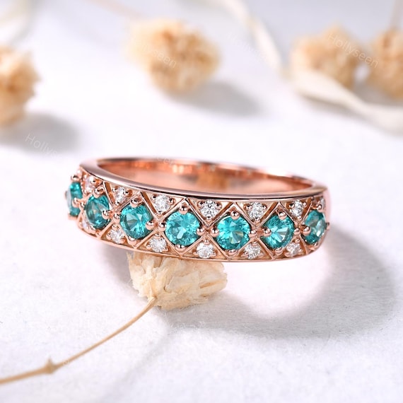 Vintage Paraiba Tourmaline Wedding Ring Band Rose Gold Ring Dainty