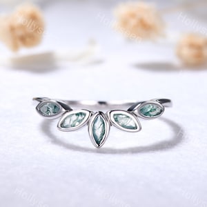 Marquise Green Moss Agate White Gold Wedding Band Silver Vintage Leaf Ring Curved Stacking Ring Antique Women Bridal Matching Band