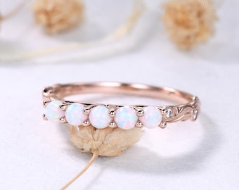 Vintage White Opal Engagement Ring 14k Rose Gold Fire Opal Wedding Ring Art Deco Opal Ring Retro Opal Ring Antique Opal Ring Unique Ring