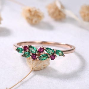 Vintage Marquise Emerald Ruby Engagement Ring 14k Rose Gold Green Red Birthstone Ring Antique Gemstone Ring Unique Women Bridal Ring Gift