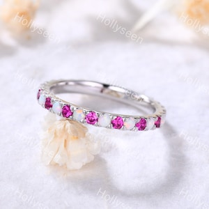Fire Opal Ruby Wedding Band 14k White Gold Full Eternity Sterling Silver Birthstone Stacking Ring Simple Stackable Bridal Promise Ring