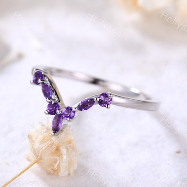 Amethyst Band Curved Wedding Band White Gold Amethyst Wedding Ring Vintage Engagement Ring Viking Ring Unique Ring Promise Ring for Women