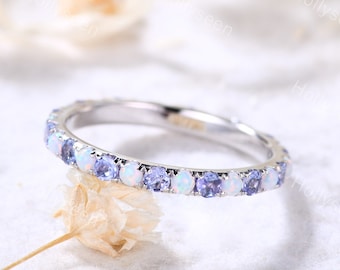 Opal Tanzanite Wedding Band Full Eternity Fire Opal Wedding Ring