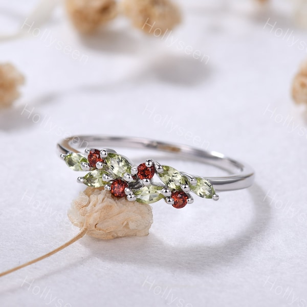 Marquise Peridot Garnet Engagement Ring Silver White Gold Cluster Ring Dainty Birthstone Ring Delicate Gemstone Bridal Ring for Women Gift