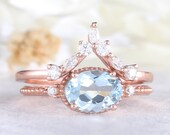 Oval Aquamarine CZ Diamond Silver 14k Rose Gold Bridal Ring Set Art Deco Stackable Curved Wedding Band Vintage Retro Women Gift Anniversary