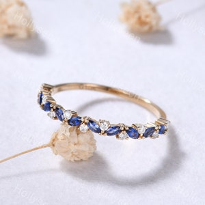 Marquise Sapphire Moissanite Cluster Engagement Ring Solid Gold Blue Gemstone Wedding Stacking Ring Vintage Birthstone Matching Band Women