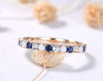2mm Opal Aquamarine Sapphire Wedding Band 14k Yellow Gold Half Eternity Stacking Ring Blue Gemstone Stackable Ring Blue Birthstone Ring