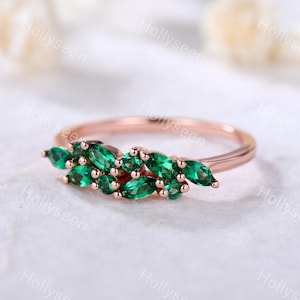 Cluster Emerald Ring Silver 14k Rose Gold Marquise Emerald Wedding Ring May Birthstone Ring Green Gemstone Ring Women Promise Anniversary