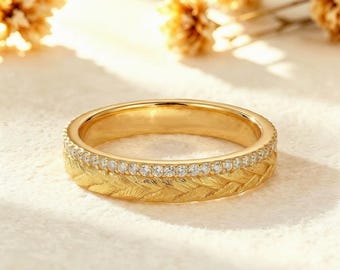 Vintage Leaf Gold Wedding Band Moissanite Accent Stacking Ring Nature Inspired Stackable Ring Textured Filigree Matching Ring Gift for Her