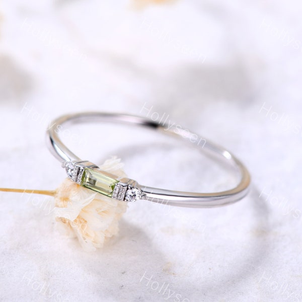 Baguette Cut Peridot Wedding Band Sterling Silver Moissanite Engagement Ring Unique Dainty Ring Birthstone Ring Promise Anniversary Ring