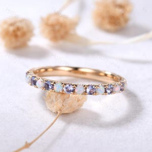 2mm Opal Tanzanite Wedding Band 14k Yellow Gold Full Eternity December Birthstone Stacking Ring Women Promise Anniversary Gift for Her