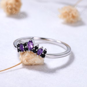 Black Onyx Amethyst Wedding Ring Band Silver White Gold Curved Gemstone Stacking Ring Purple Stone Matching Ring Bridal Stackable Ring Women