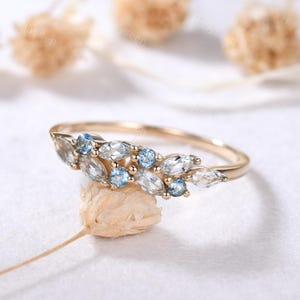 Marquise Aquamarine Blue Topaz Yellow Gold Ring Vintage Blue Gemstone Cluster Wedding Ring Dainty Birthstone Ring Anniversary Gift Women