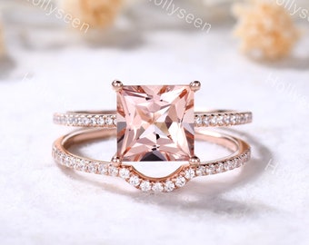 Vintage Princess Cut Morganite Engagement Ring Set Rose Gold Pink Morganite Wedding Ring Set Dainty Bridal Ring Set Women Promise Ring