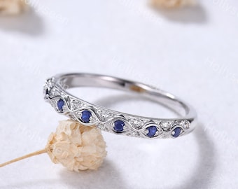 Anillo de compromiso vintage con zafiro y moissanita, plata, oro blanco, apilable, estilo art déco, filigrana, estilo retro, para mujer.