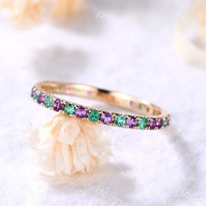 1.5mm Emerald Amethyst Wedding Band Solid Gold Full Eternity Ring Green Purple Gemstone Stackable Ring Birthstone Stacking Ring Women Gift