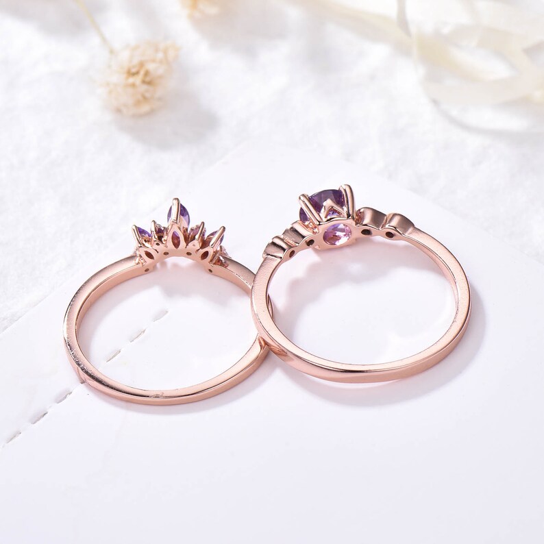 Amethyst Bridal Ring Set Rose Gold CZ Diamond Wedding Ring Set Etsy