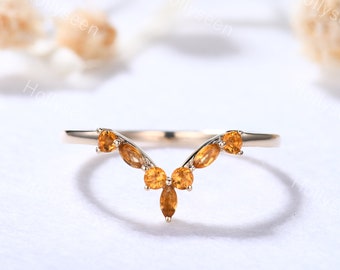 Citrine Curved Wedding Band Ring Vintage Yellow Gold November Birthstone Chevron Ring Stacking Ring Marquise Matching Band for Women