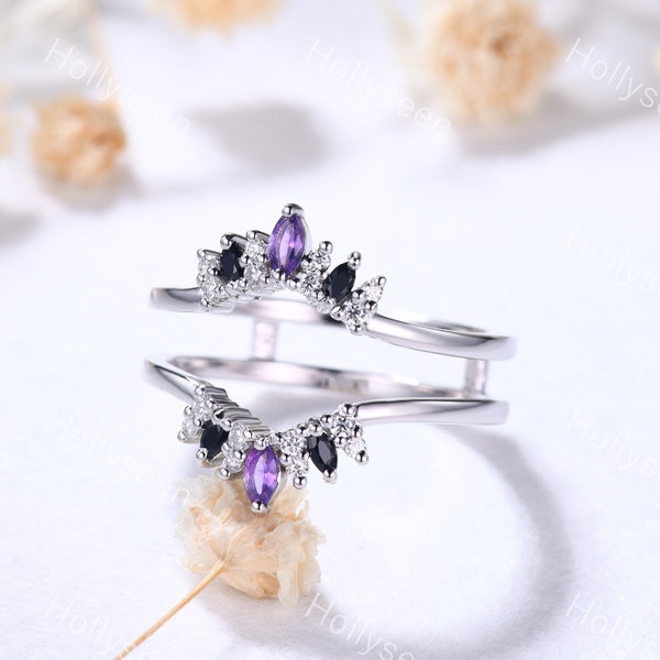 Moissanite Amethyst Double Enhancer Wedding Band White Gold Marquise Black Onyx Curved Wedding Band Unique Stacking Ring for Women Jewelry