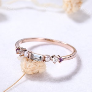 Dainty Baguette Cut Aquamarine Pearl Ring Solid 14k Rose Gold Delicate Amethyst Bridal Ring Women Anniversary Gift Cluster Gemstone Ring