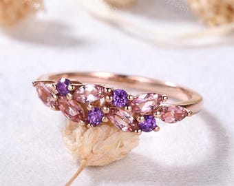 Marquise Pink Tourmaline Amethyst Leaf Cluster Ring Rose Gold Floral Ring Nature Inspired October February Birthstone Anniversary Gift