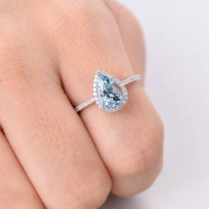 Pear cut Aquamarine Engagement Ring CZ Diamond Halo Sterling Silver Ring White Gold Half Eternity Wedding Ring Anniversary Gift Women Ring image 3