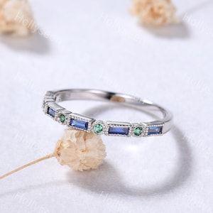Baguette Cut Sapphire Emerald Wedding Ring Band 14k White Gold Ring Half Eternity Bezel Set Stacking Ring Birthstone Bridal Ring Women Gift