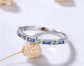Baguette Cut Sapphire Emerald Wedding Ring Band 14k White Gold Ring Half Eternity Bezel Set Stacking Ring Birthstone Bridal Ring Women Gift