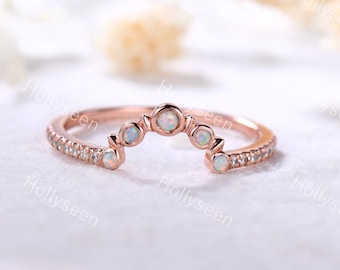 Opal Curved Wedding Band Fire Opal Curve Engagement Ring Silver 14k Rose Gold Opal Stackable Matching Band Stacking Ring Bridal Ring Women