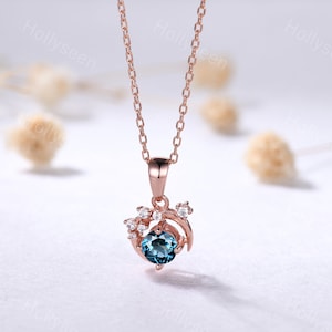 Delicate London Blue Topaz Rose Gold Pendant Art Deco Moissanite Necklace Unique Moon Pendant Dainty Women Bridal Anniversary Gift for Her
