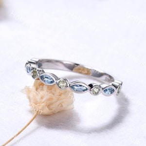 Marquise Blue Topaz Peridot Wedding Band Silver White Gold Blue Green Gemstone Stacking Ring Dainty Birthstone Bridal Stack Ring for Women