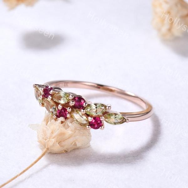 Vintage Marquise Peridot Ruby Engagement Ring Solid Rose Gold Art Deco Gemstone Wedding Ring Birthstone Cluster Ring Antique Gift for Women