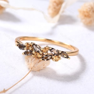 Marquise Smoky Quartz Citrine Yellow Gold Ring Vintage Brown Gemstone Cluster Wedding Ring Dainty Birthstone Ring Anniversary Gift Women