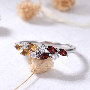 Marquise Garnet Citrine White Gold Ring Vintage Red Yellow Gemstone Cluster Wedding Ring Dainty Birthstone Ring Anniversary Gift for Women