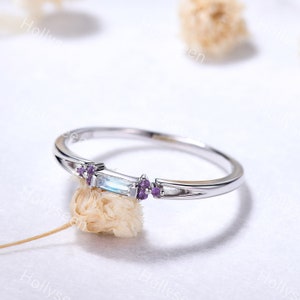 Dainty Baguette Blue Moonstone Ring Silver White Gold Cluster Amethyst Ring Vintage June Birthstone Ring Viking Promise Ring Gift for Women