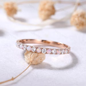 2mm Opal Moissanite Wedding Band 14k Rose Gold Half Eternity Stacking Ring Fire Opal Stackable Ring October Birthstone Ring Promise Gift