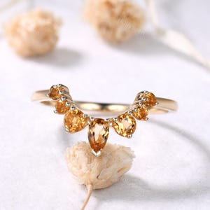 Natural Citrine Curved Wedding Band 14k Yellow Gold Stacking Ring Yellow Gemstone Stackable Ring Bridal Anniversary Promise Ring for Her
