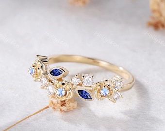 Floral Marquise Blue Sapphire Moonstone Rose Wedding Band Solid 14k Yellow Gold Blue Gemstones Nature Inspired Flower Leaf Stackable Ring