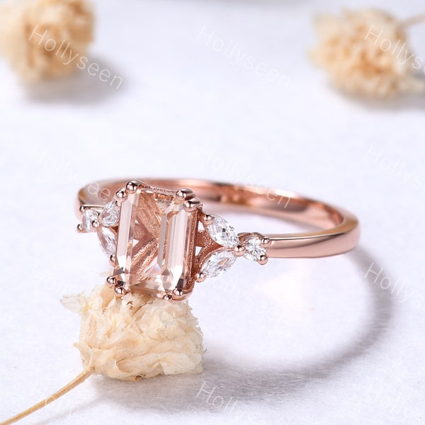 Antique Emerald Cut Morganite Engagement Ring 14k Rose Gold Marquise Cut Diamond Ring for Women Unique Wedding Bridal Ring Anniversary Gift