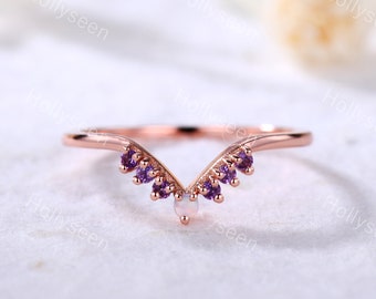 Curved Opal Amethyst Wedding Band Vintage Rose Gold Engagement Ring Dainty Gemstone Stacking Ring Sterling Silver Women Promise Ring Gift