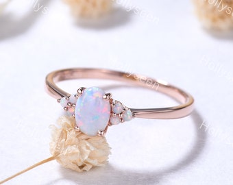 Dainty Oval Opal Engagement Ring Rose Gold Fire Opal Cluster Ring 3 Stone Ring October Birthstone Ring Anniversary Ring for Women