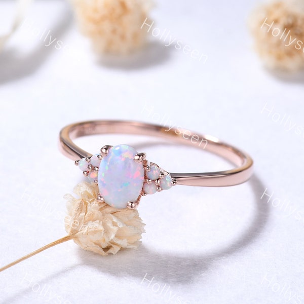 Dainty Oval Opal Engagement Ring Rose Gold Fire Opal Cluster Ring 3 Stone Ring October Birthstone Ring Anniversary Ring for Women