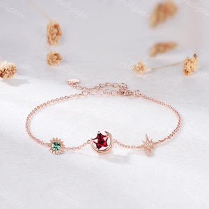 Celestial Star Shaped Ruby Sun Moon Bracelet Rose Gold Emerald Crescent Red Green Gemstone Adjustable Bracelet May July Birthstone Bracelet