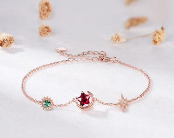 Celestial Star Shaped Ruby Sun Moon Bracelet Rose Gold Emerald Crescent Red Green Gemstone Adjustable Bracelet May July Birthstone Bracelet