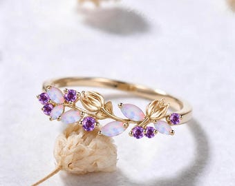 Tulip Floral Marquise Opal Amethyst Wedding Band Solid 14k Yellow Gold Ring Botanical Flower Leaf Ring Nature Inspired Ring Gift for Her