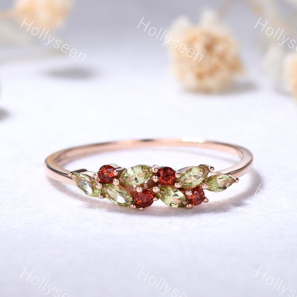 Vintage Marquise Peridot Garnet Engagement Ring 14k Rose Gold Cluster Birthstone Ring Antique Leaf Gemstone Ring Unique Women Bridal Ring