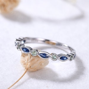 Blue Sapphire Peridot White Gold Wedding Band Sterling Silver Engagement Stacking Ring Birthstone Stackable Ring Gemstone Matching Band