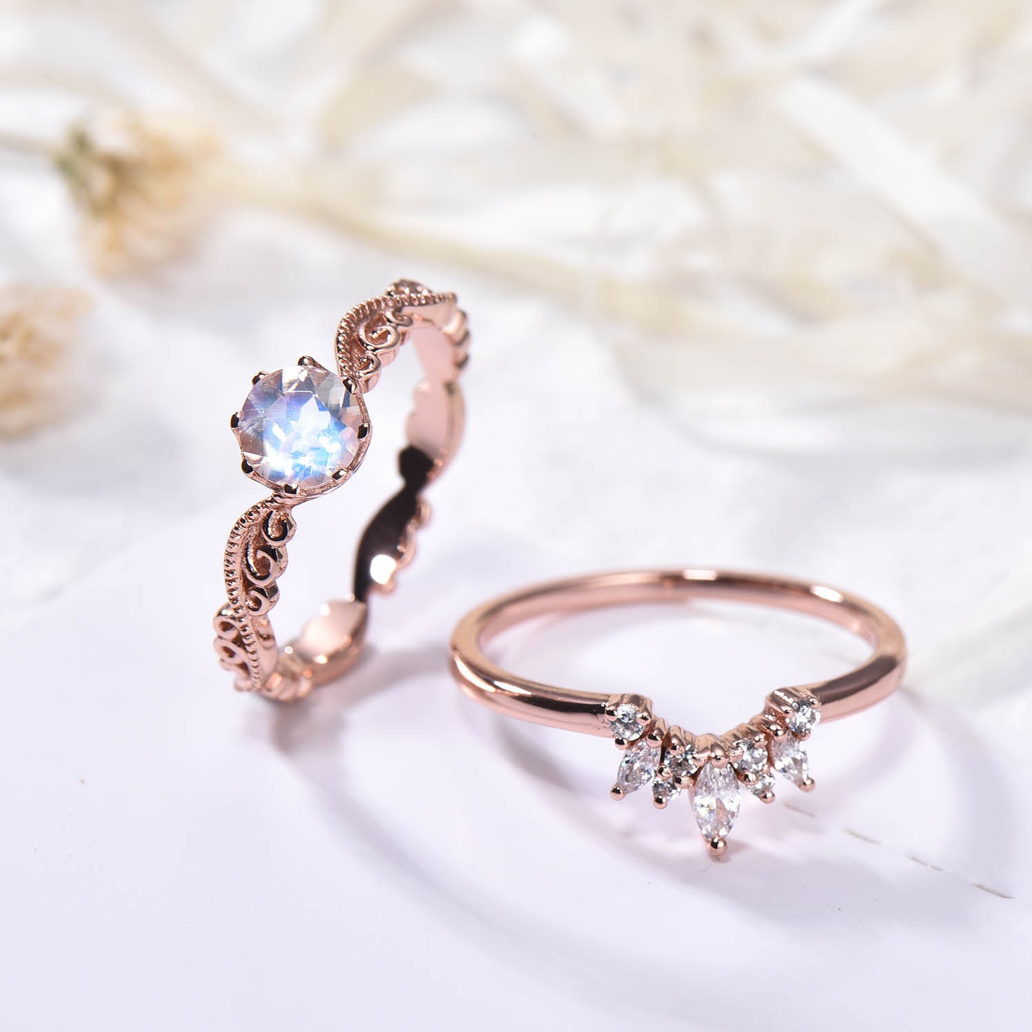 Art Deco Rose Gold Moonstone Bridal Ring Set CZ Diamond | Etsy
